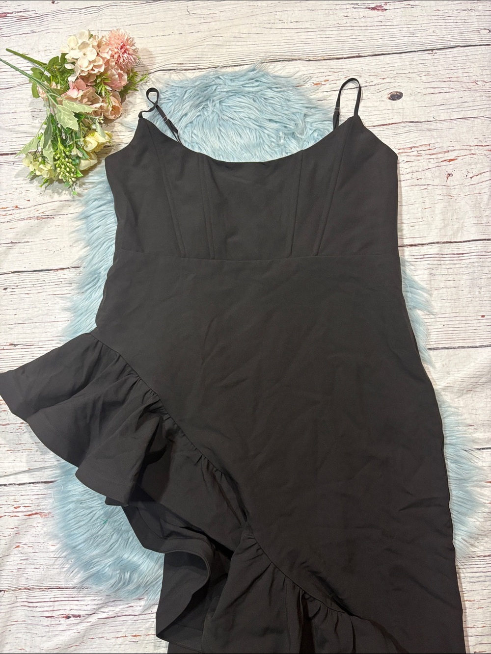 NWT Showpo Maura Maxi Scoop Neckline Ruffle High Low Dress in Black - Picture 7 of 10